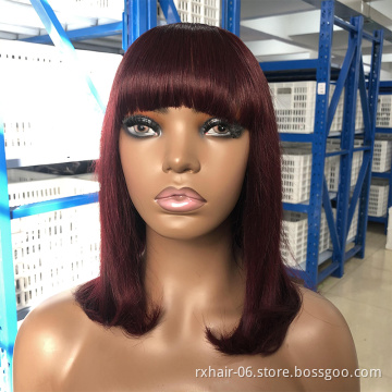 ISEE Hot Sale 99J Red Burgundy Short BOB Human Hair Wigs With Bangs Brazilian Hair Full Machine Glueless Wigs For Women